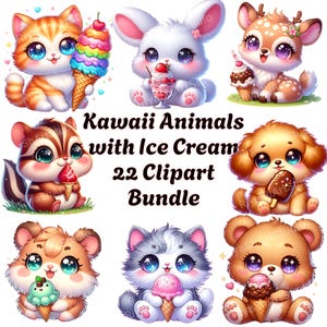 Pacchetto di clipart di animali kawaii: PNG di gelato pastello (download digitale)