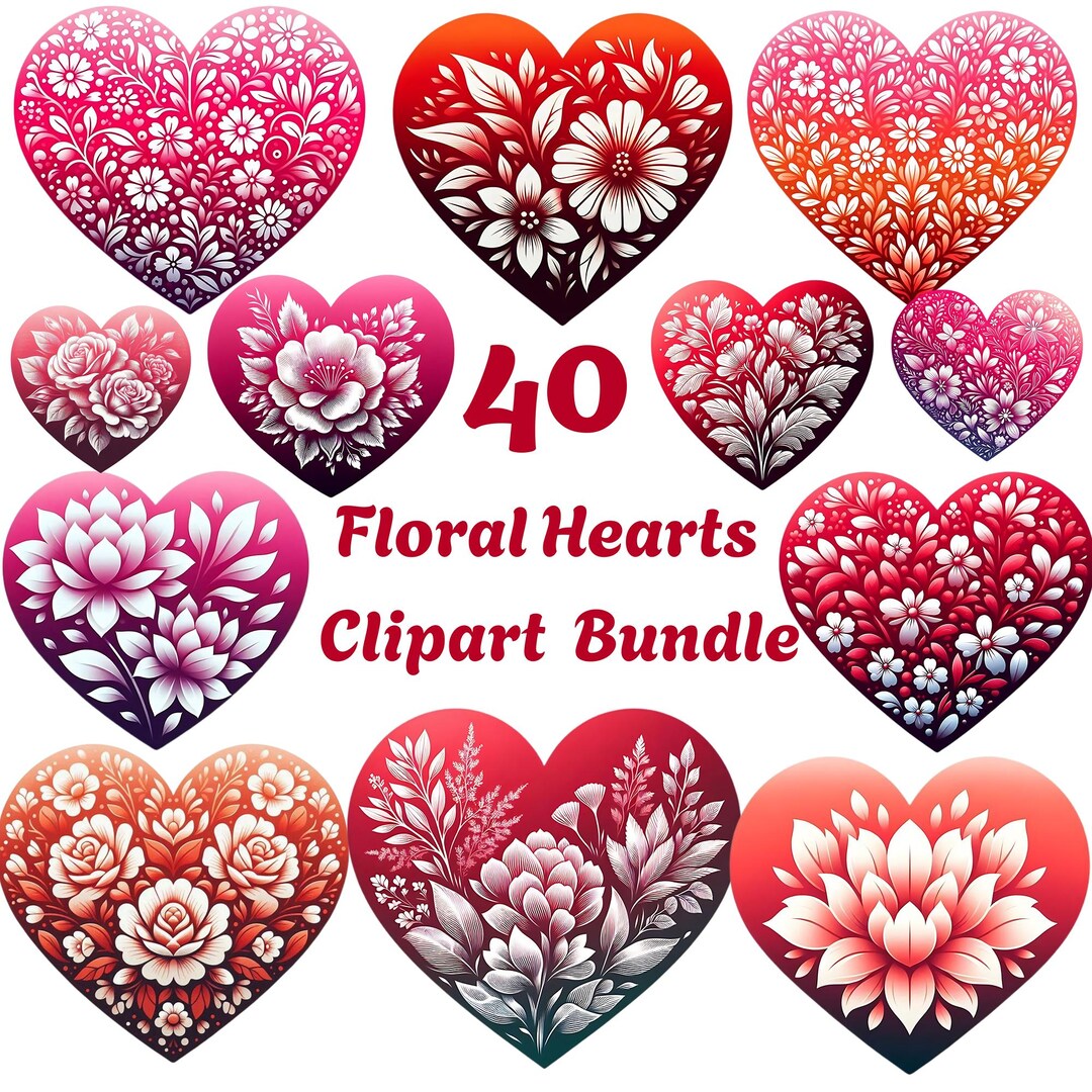 Floral Heart Clipart Bundle, Gradient Valentine Wedding Graphics ...