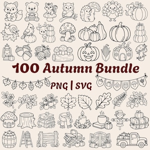 Può includere: Una collezione di illustrazioni in bianco e nero intitolata 100 Autumn Bundle PNG | SVG. Il set presenta varie icone stagionali tra cui animali del bosco, zucche, funghi, foglie, ghiande, una lanterna, un camioncino e festoni decorativi.