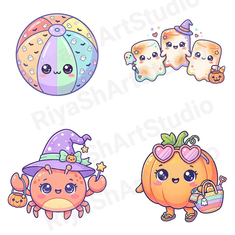 Cute pastel Summerween clipart bundle with kawaii ghosts, tropical drinks, pumpkins, palm trees, seashells, jellyfish, crystal balls, shaved ice desserts, surfboards, beach scenes, spooky summer decorations, and magical Halloween summer graphics in soft vibrant pastel colors.