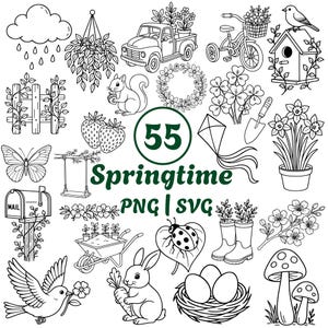 Könnte beinhalten: Schwarz-Weiß-Illustrationen mit Frühlingsmotiven, darunter ein Lastwagen, ein Fahrrad, ein Vogelhaus, ein Eichhörnchen, Blumen und ein Hase mit einer Karotte. Der Text "Springtime PNG | SVG" ist ebenfalls enthalten.