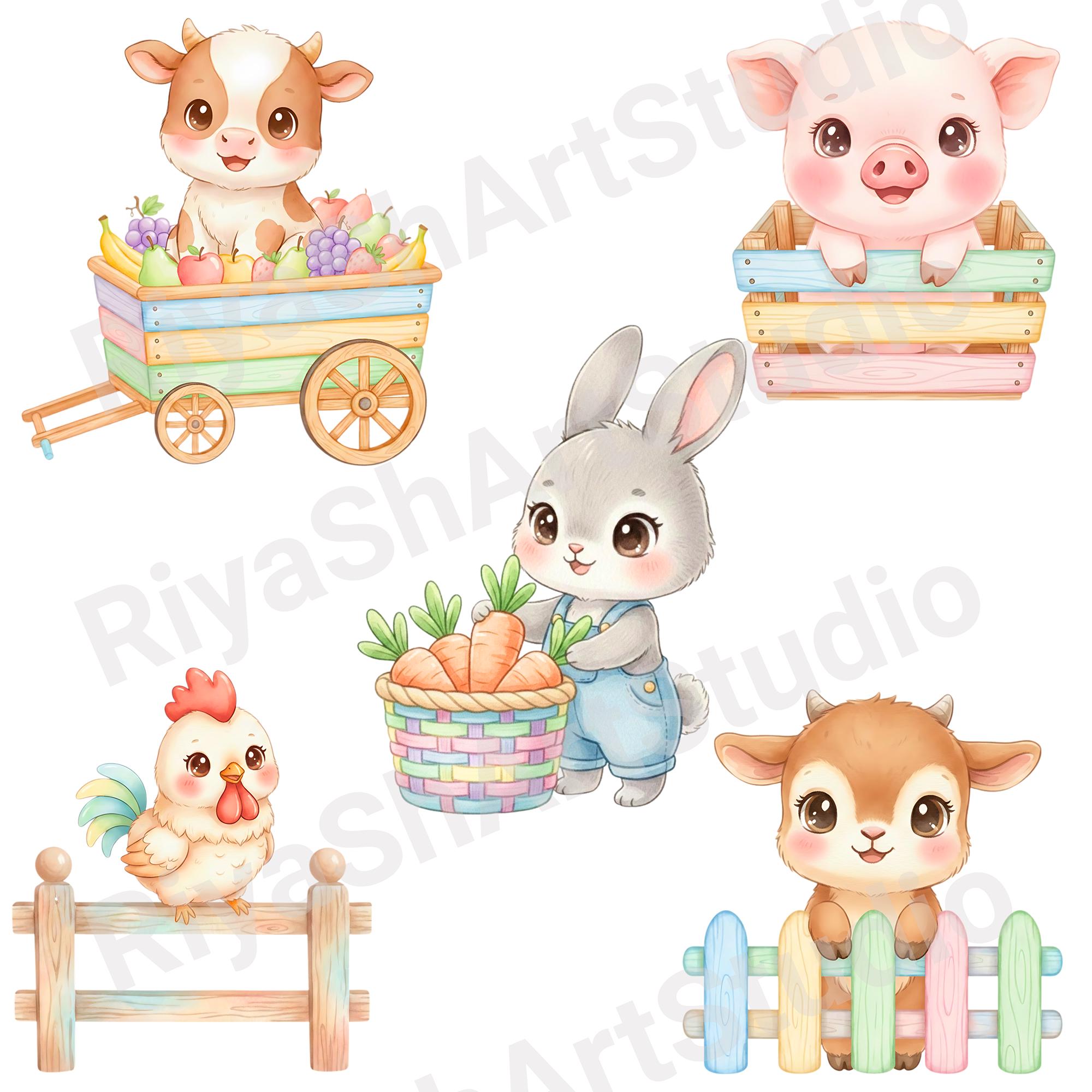 Watercolor Farm Animals Clipart Bundle: Pastel PNG Graphics (digital ...