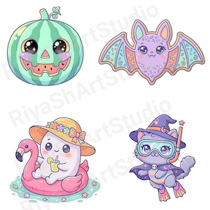 Cute pastel Summerween clipart bundle with kawaii ghosts, tropical drinks, pumpkins, palm trees, seashells, jellyfish, crystal balls, shaved ice desserts, surfboards, beach scenes, spooky summer decorations, and magical Halloween summer graphics in soft vibrant pastel colors.
