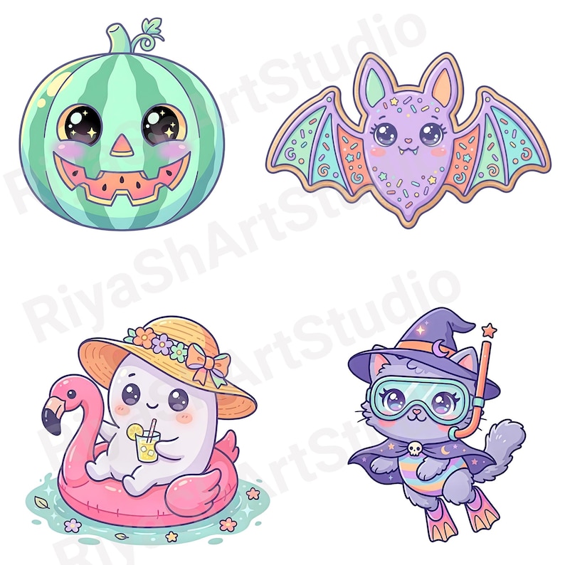 Cute pastel Summerween clipart bundle with kawaii ghosts, tropical drinks, pumpkins, palm trees, seashells, jellyfish, crystal balls, shaved ice desserts, surfboards, beach scenes, spooky summer decorations, and magical Halloween summer graphics in soft vibrant pastel colors.