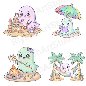 Cute pastel Summerween clipart bundle with kawaii ghosts, tropical drinks, pumpkins, palm trees, seashells, jellyfish, crystal balls, shaved ice desserts, surfboards, beach scenes, spooky summer decorations, and magical Halloween summer graphics in soft vibrant pastel colors.