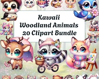 Kawaii Woodland Animals Clipart Bundle, PNG Graphics (Digital Download)