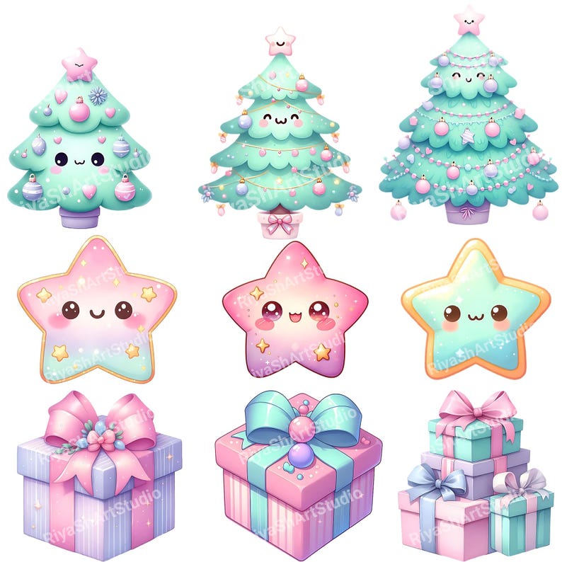 Kawaii Pastel Christmas Clipart Bundle - 60+ Holiday Pngs (digital ...