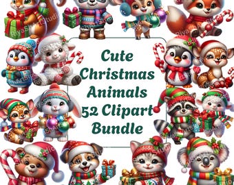 Christmas Animals Clipart Bundle: 52 Holiday PNGs (Digital Download)