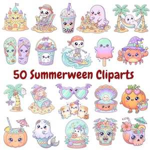 May include: A collection of 50 "Summerween" clip art images. The illustrations feature cute, cartoon-style characters and objects with a summer and Halloween theme. Includes ghosts, skeletons, pumpkins, and beach scenes.