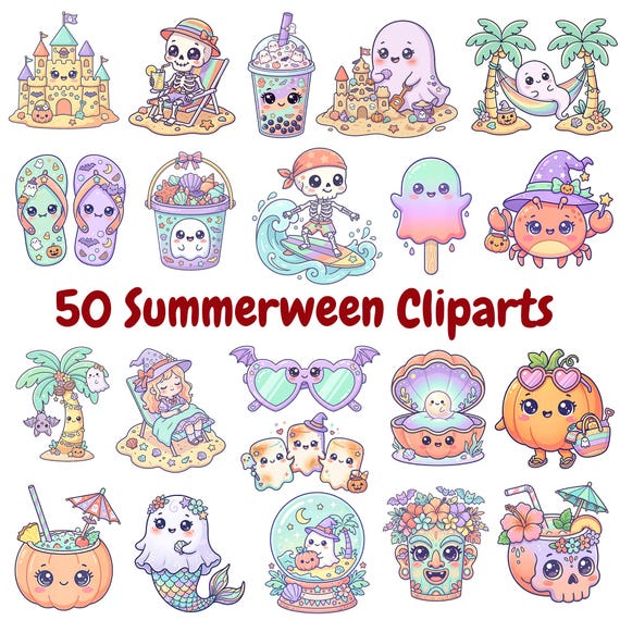 Summerween Clipart Bundle, Kawaii Ghosts, Tropical Halloween PNG (Digital Download)