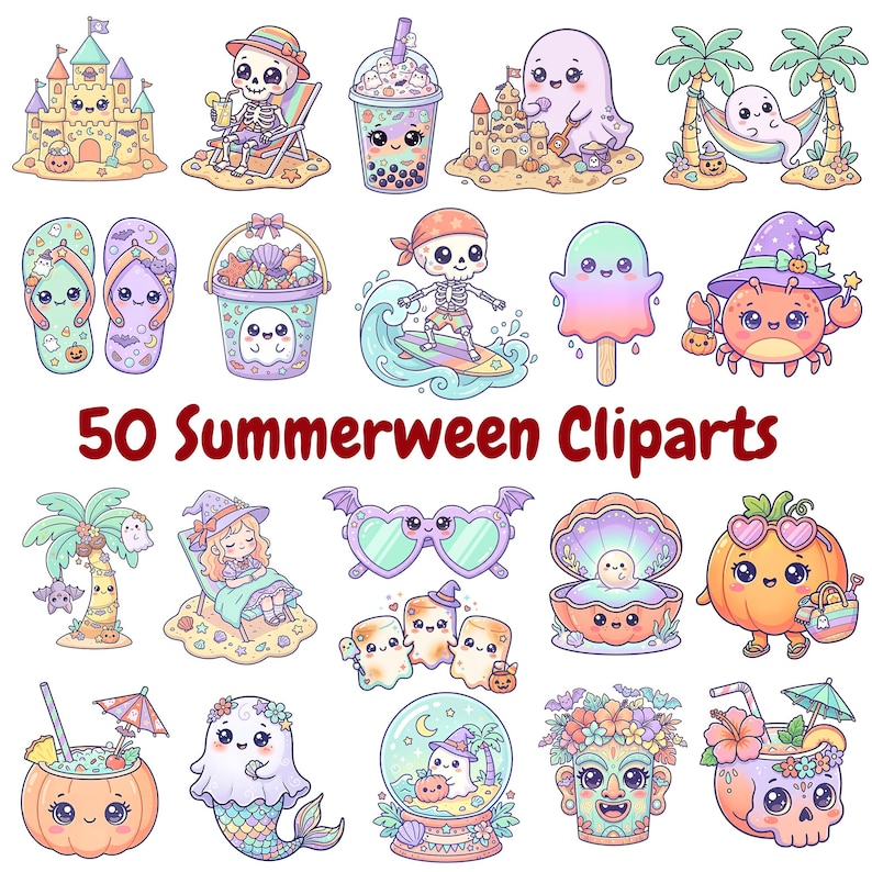 Cute pastel Summerween clipart bundle with kawaii ghosts, tropical drinks, pumpkins, palm trees, seashells, jellyfish, crystal balls, shaved ice desserts, surfboards, beach scenes, spooky summer decorations, and magical Halloween summer graphics in soft vibrant pastel colors.