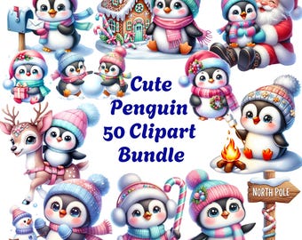 Penguin Clipart Bundle: 50 Watercolor Christmas PNGs (Digital Download)