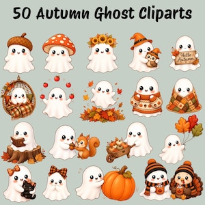 Kawaii herfstspook clipart bundel, 50 herfstspook PNG's (digitale download)