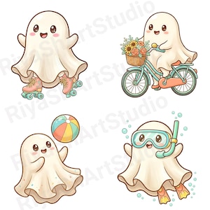 May include: A collection of four cartoon ghosts in various summer activities. One ghost is roller skating, another is riding a bicycle with a basket of flowers, a third is playing with a beach ball, and the last is snorkeling.