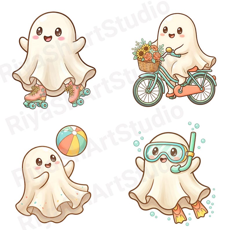 May include: A collection of four cartoon ghosts in various summer activities. One ghost is roller skating, another is riding a bicycle with a basket of flowers, a third is playing with a beach ball, and the last is snorkeling.