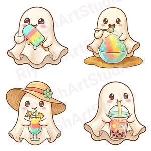 Cute pastel summer ghost clipart bundle featuring kawaii ghosts with balloons, flamingo floaties, bicycles, flowers, seashells, shaved ice, cozy coastal summer illustrations and beach themed PNG designs.