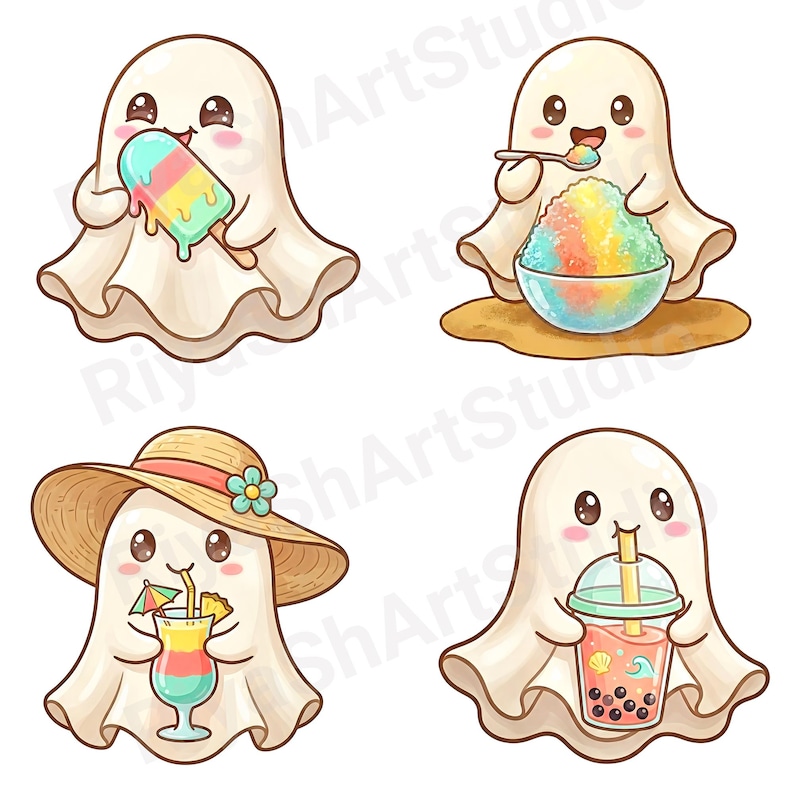 Cute pastel summer ghost clipart bundle featuring kawaii ghosts with balloons, flamingo floaties, bicycles, flowers, seashells, shaved ice, cozy coastal summer illustrations and beach themed PNG designs.