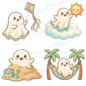 Cute pastel summer ghost clipart bundle featuring kawaii ghosts with balloons, flamingo floaties, bicycles, flowers, seashells, shaved ice, cozy coastal summer illustrations and beach themed PNG designs.
