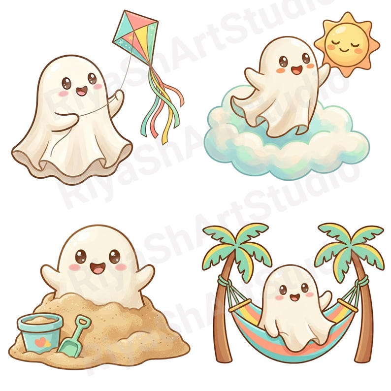 Cute pastel summer ghost clipart bundle featuring kawaii ghosts with balloons, flamingo floaties, bicycles, flowers, seashells, shaved ice, cozy coastal summer illustrations and beach themed PNG designs.