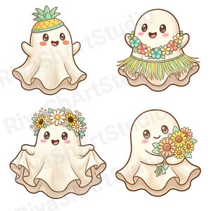 Cute pastel summer ghost clipart bundle featuring kawaii ghosts with balloons, flamingo floaties, bicycles, flowers, seashells, shaved ice, cozy coastal summer illustrations and beach themed PNG designs.