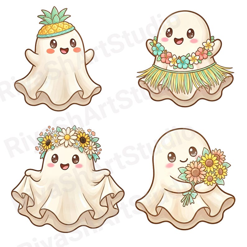 Cute pastel summer ghost clipart bundle featuring kawaii ghosts with balloons, flamingo floaties, bicycles, flowers, seashells, shaved ice, cozy coastal summer illustrations and beach themed PNG designs.