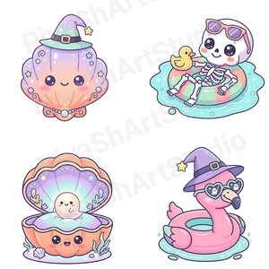 Cute pastel Summerween clipart bundle with kawaii ghosts, tropical drinks, pumpkins, palm trees, seashells, jellyfish, crystal balls, shaved ice desserts, surfboards, beach scenes, spooky summer decorations, and magical Halloween summer graphics in soft vibrant pastel colors.