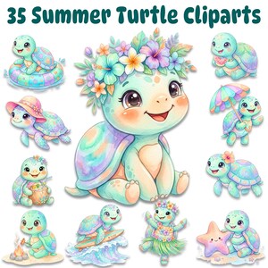 Puede incluir: Una colección de 35 imágenes prediseñadas de tortugas de verano en acuarela. Las tortugas están en varias poses, algunas con coronas de flores, sombreros y leis. La paleta de colores incluye tonos pastel de azul, verde, rosa y morado. El texto "35 Summer Turtle Cliparts" está en la parte superior.