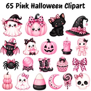 May include: A collection of 65 pink Halloween clipart illustrations featuring ghosts, pumpkins, a black cat, a witch hat, a bat, a crystal ball, a candle, a mummy, a spider, boots, a cupcake, a bow, candy corn, a crescent moon, a lollipop, and a skull.