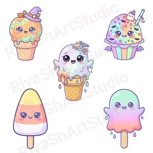 Cute pastel Summerween clipart bundle with kawaii ghosts, tropical drinks, pumpkins, palm trees, seashells, jellyfish, crystal balls, shaved ice desserts, surfboards, beach scenes, spooky summer decorations, and magical Halloween summer graphics in soft vibrant pastel colors.