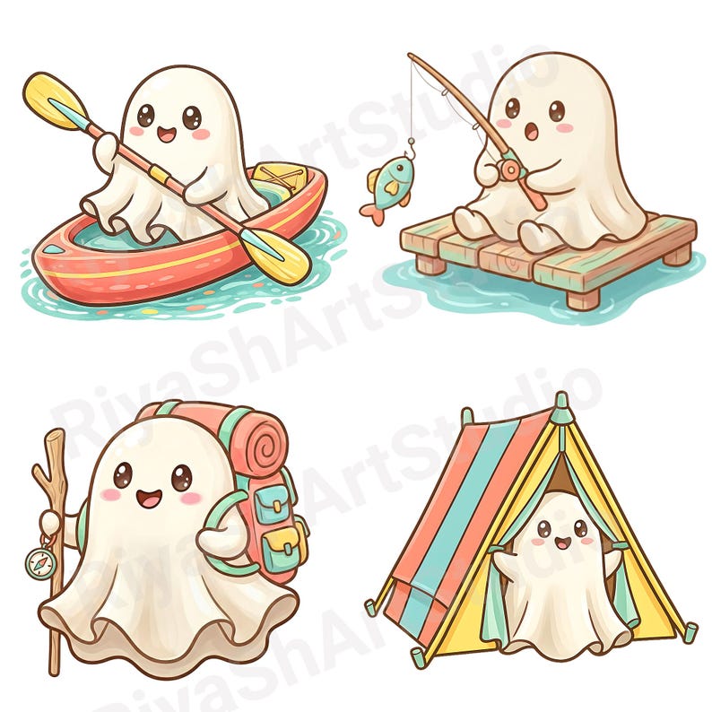 Cute pastel summer ghost clipart bundle featuring kawaii ghosts with balloons, flamingo floaties, bicycles, flowers, seashells, shaved ice, cozy coastal summer illustrations and beach themed PNG designs.