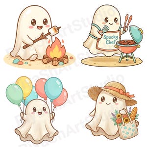 Cute pastel summer ghost clipart bundle featuring kawaii ghosts with balloons, flamingo floaties, bicycles, flowers, seashells, shaved ice, cozy coastal summer illustrations and beach themed PNG designs.