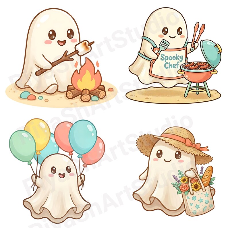 Cute pastel summer ghost clipart bundle featuring kawaii ghosts with balloons, flamingo floaties, bicycles, flowers, seashells, shaved ice, cozy coastal summer illustrations and beach themed PNG designs.