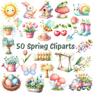 May include: A collection of 50 spring cliparts featuring a smiling sun, bunny, birdhouse, frog on a mushroom, snail, hanging plants, kite, tulips, bee, cherries, rose, boots, mailbox, watering can, butterfly, sign, swing, bird, eggs, flowers, mushrooms, and a truck.