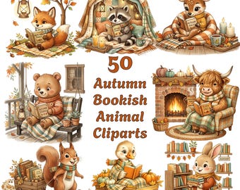 Cozy Autumn Animals Reading Clipart Bundle, 50 Woodland PNGs (Digital Download)