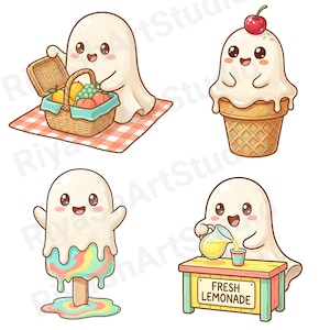 Cute pastel summer ghost clipart bundle featuring kawaii ghosts with balloons, flamingo floaties, bicycles, flowers, seashells, shaved ice, cozy coastal summer illustrations and beach themed PNG designs.
