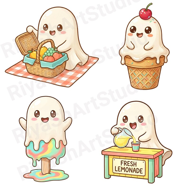 Cute pastel summer ghost clipart bundle featuring kawaii ghosts with balloons, flamingo floaties, bicycles, flowers, seashells, shaved ice, cozy coastal summer illustrations and beach themed PNG designs.