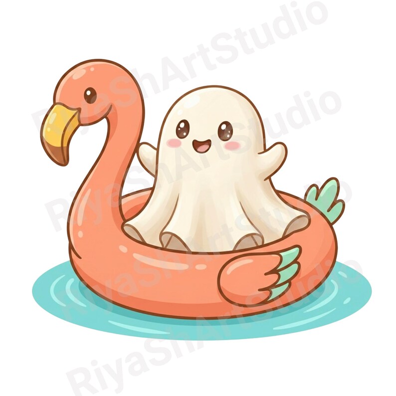 Cute pastel summer ghost clipart bundle featuring kawaii ghosts with balloons, flamingo floaties, bicycles, flowers, seashells, shaved ice, cozy coastal summer illustrations and beach themed PNG designs.