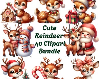 Watercolor Christmas Reindeer Clipart: 40 Festive PNGs (Digital Download)