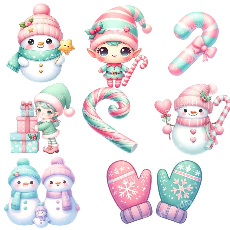 Kawaii Pastel Christmas Clipart Bundle - 60+ Holiday Pngs (digital ...