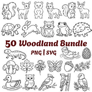 Könnte beinhalten: Eine digitale Sammlung von 50 schwarz-weißen Strichzeichnungen zum Thema Wald, die verschiedene Tiere wie Eichhörnchen, Reh, Bär, Fuchs, Schildkröte, Hase, Waschbär, Frosch, Igel, Otter, Eule, Ente und Adler sowie Pflanzen und Naturelemente darstellen.