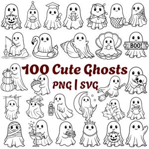 May include: A collection of black and white line art illustrations featuring 100 cute ghosts in various activities and costumes, including ghosts with pumpkins, hats, books, and sea creatures, with the text 100 Cute Ghosts PNG | SVG centered.