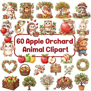 Puede incluir: Una colección de 60 ilustraciones Apple Orchard Animal Clipart que muestran varios animales del bosque como conejos, ardillas, mapaches y búhos interactuando con manzanas, árboles, cestas y cajas, alrededor del texto 60 Apple Orchard Animal Clipart.