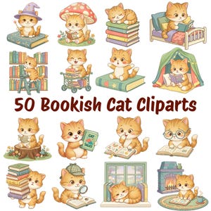 Puede incluir: Una colección de 50 ilustraciones digitales con gatitos atigrados naranjas en varios escenarios de lectura y biblioteca, incluyendo gatitos con libros, en la cama, con gafas y usando una lupa, con el texto 50 Bookish Cat Cliparts.