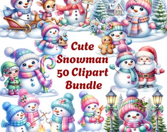 Snowman Clipart Bundle: 50 Pastel Watercolor Christmas PNGs (Digital Download)