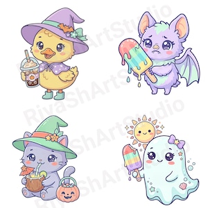 Cute pastel Summerween clipart bundle with kawaii ghosts, tropical drinks, pumpkins, palm trees, seashells, jellyfish, crystal balls, shaved ice desserts, surfboards, beach scenes, spooky summer decorations, and magical Halloween summer graphics in soft vibrant pastel colors.