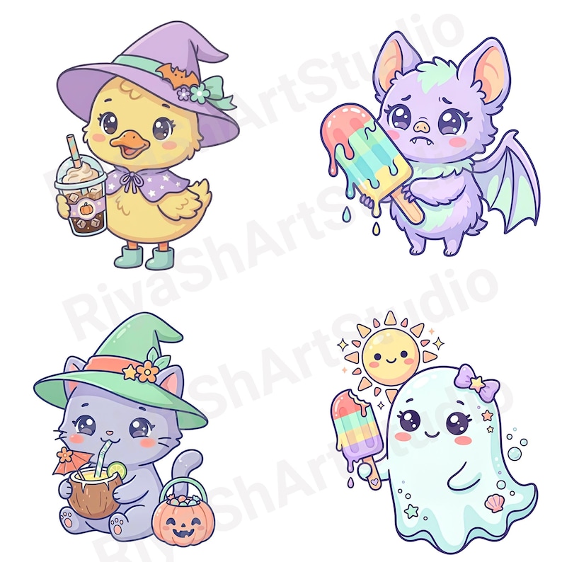 Cute pastel Summerween clipart bundle with kawaii ghosts, tropical drinks, pumpkins, palm trees, seashells, jellyfish, crystal balls, shaved ice desserts, surfboards, beach scenes, spooky summer decorations, and magical Halloween summer graphics in soft vibrant pastel colors.