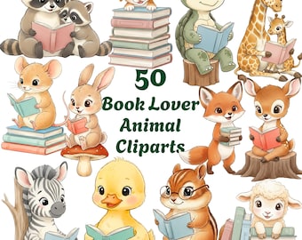 Reading Animals Clipart: 50 Storybook PNGs (Digital Download