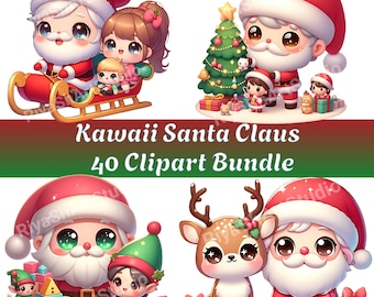 Kawaii Santa Claus Clipart Bundle: 40 Christmas PNGs (Digital Download)