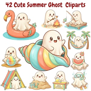 May include: A collection of 42 cute summer ghost cliparts. The ghosts are depicted in various summer activities, including swimming in a flamingo float, roasting marshmallows, fishing, and enjoying lemonade. The ghosts are white with smiling faces.
