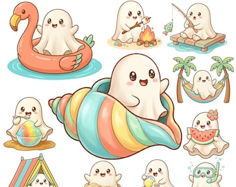 May include: A collection of 42 cute summer ghost cliparts. The ghosts are depicted in various summer activities, including swimming in a flamingo float, roasting marshmallows, fishing, and enjoying lemonade. The ghosts are white with smiling faces.